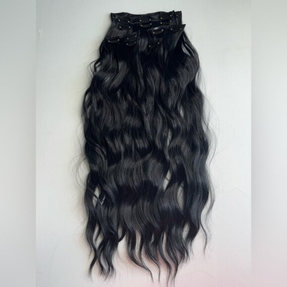 Human hair Blend 24 In  black Clip in Hair Extensions Set - Picture 3 of 11
